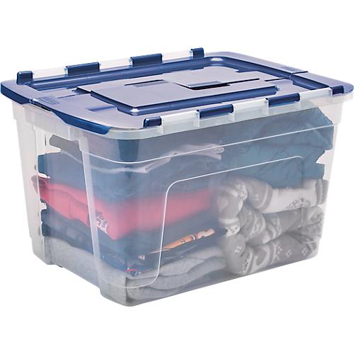 Aufbewahrungsbox Fellowes BANKERS BOX, Volumen 55 l, stapelbar, geteilter Scharnierdeckel, L 590 x B 430 x H 350 mm, Polypropylen, transparent-dunkelblau
