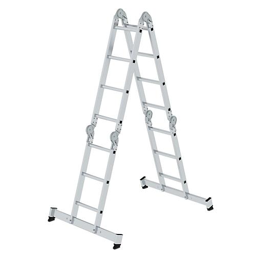 Munk Sprossen-Vielzweckleiter, Steh-/Anlegeleiter, mit Traverse, Rechteckrohr-Holme, Vierkantsprossen, 6 Stahlscharniere, 350 mm breit, 150 kg Belastung, nivell? Traversen, 2×3 + 2×4 Sprossen