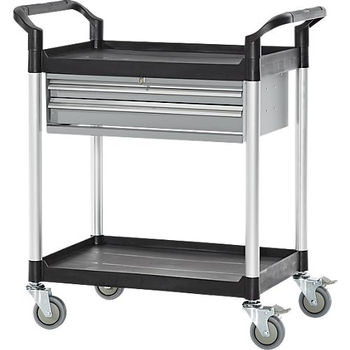 Mehrzweckwagen, 2 Schubladen, 4 TPR-Lenkrollen mit 2 Feststellern, 2 Etagen, L 680 x B 450 mm, Kunststoff/Aluminium, schwarz/alusilber
