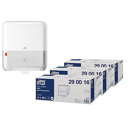 Sparset Rollenhandtuch Tork? Premium 290016, 2-lagig, H1-kompatibel, 18 Rollen, wei? + Papierhandtuchspender Matic? Elevation Design H1 551000, wei?