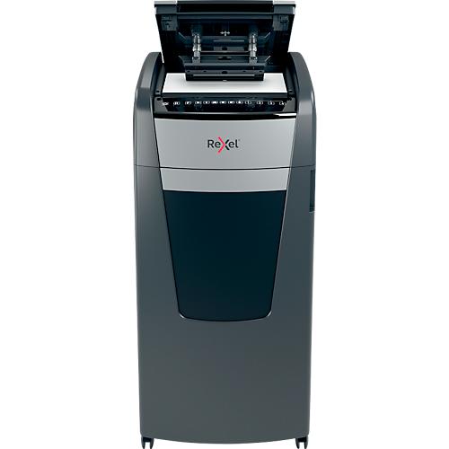 Rexel Optimum AutoFeed+ 750X Aktenvernichter P4, Vollautomatik, Partikelschnitt 4 x 30 mm, 140 l, 750 Blatt Schnittleistung, mit Rollen, schwarz