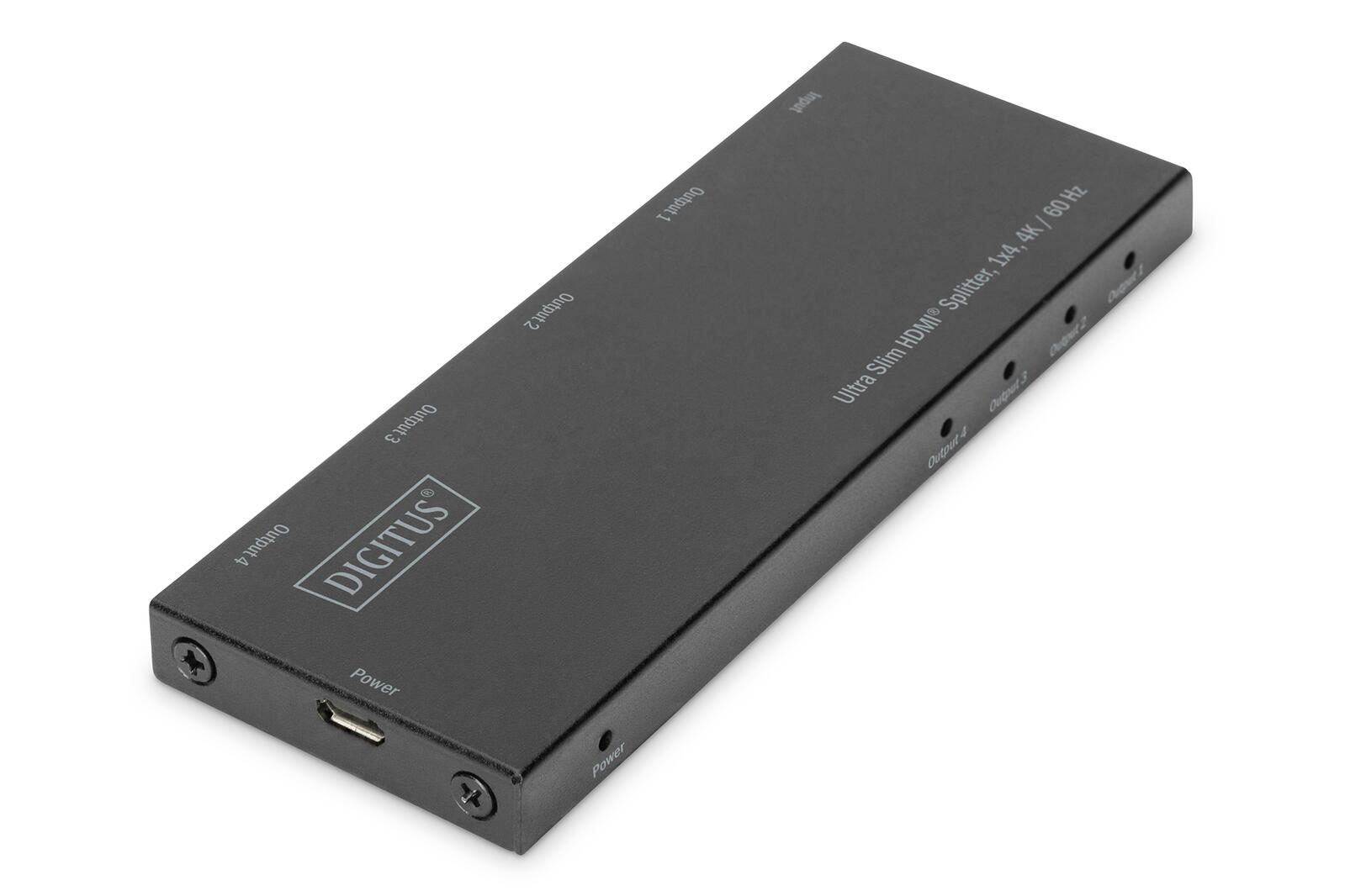 Digitus Ultra Slim HDMI Splitter, 1×4, 4K/60Hz HDR, HDCP 2.2, 18 Gbps, Micro USB Power