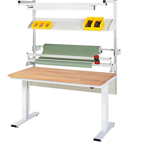 Rau Packtischsystem 02 Werktisch-Serie adlatus 300, B 1500 x T 800 x H 720-1120 mm, Buche-Massivholzplatte, bis 300 kg