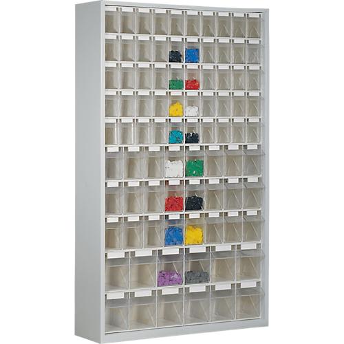 Magazinschrank, Volumen 635 l, 86 herausnehmb. Klappk?sten m. Griffmulde, B 1270 x T 250 x H 2000 mm, l.grau/transparent