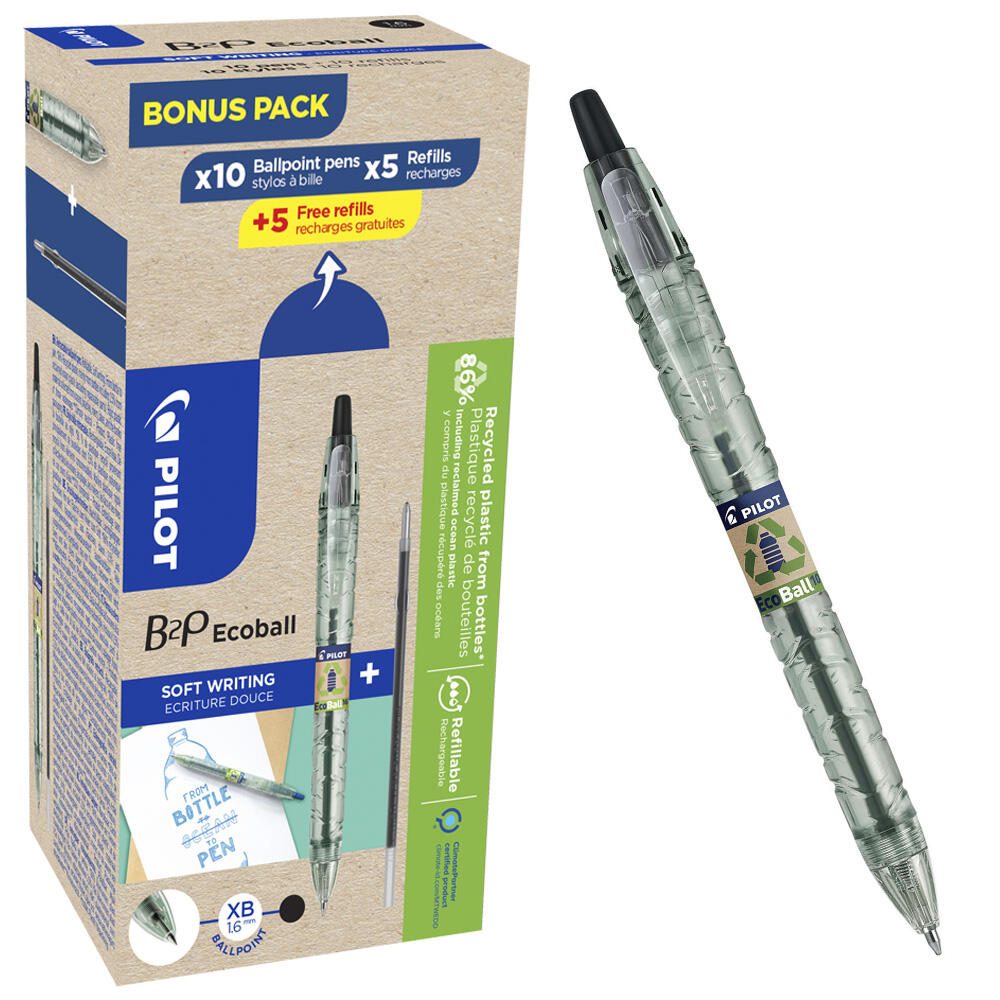 PILOT B2P „Bottle 2 Pen“ ECOBALL XB Kugelschreiber transparent 0.34 mm Schreibfarbe: Schwarz, 10 St. + GRATIS 5 Kugelsch