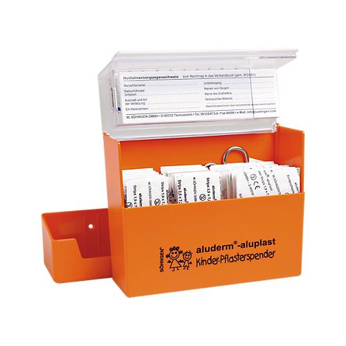 Pflasterspender Soehngen aluderm?-Aluplast, 115 Wundpflaster mit Dinosaurier-Motiven, Schere, inkl. Wandhalterung, Kunststoff, orange