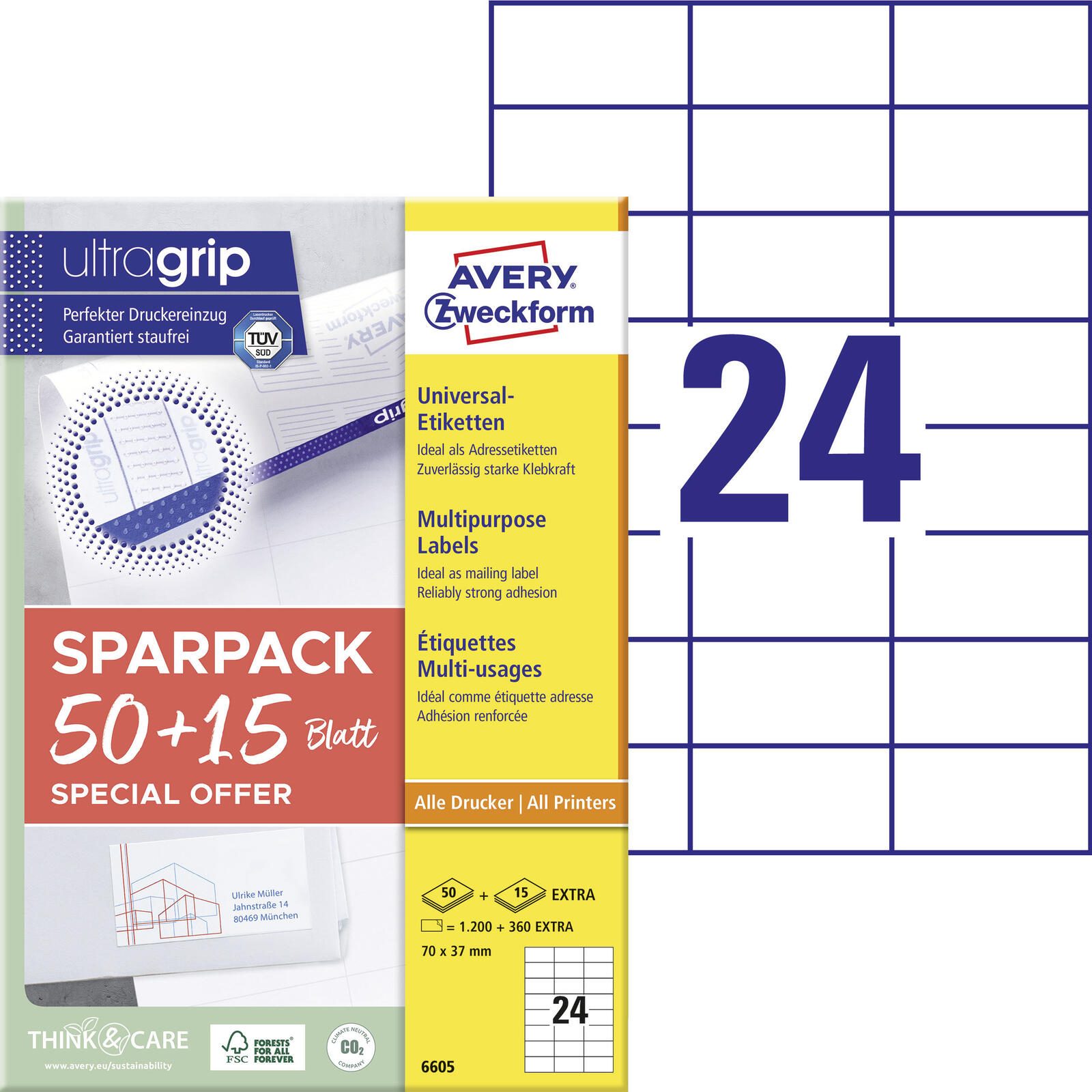 AVERY Zweckform Etiketten 6605 weiß 70,0 x 37,0 mm