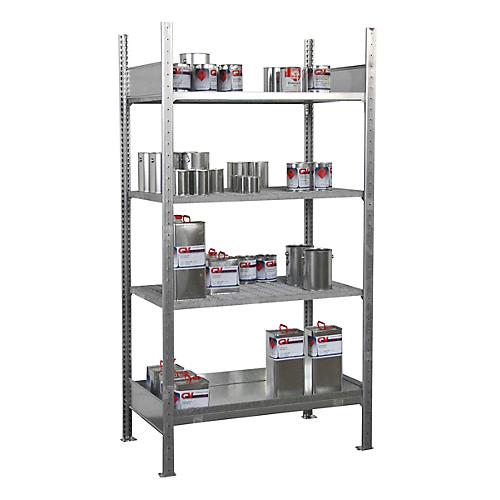 Kleingebinderegal BAUER S 3017-4E, Grundregal, B 1000 x T 600 x H 2000 mm, 3 Gitterb?den + 1 Auffangwanne