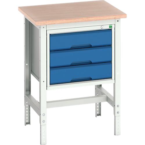Werkbank Bott verso, Multiplex-Platte, mit Querstrebenset, 3 Schubladen, B 700 x T 600 x H 780 – 930 mm, Lichtgrau / Enzianblau
