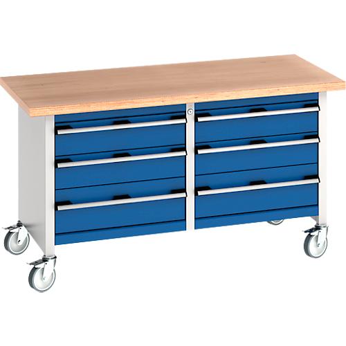 Bott Kastenwerkbank cubio,?6 Schubladen, 4 feststellabre Rollen, Buche-Multiplexplatte, B 1500 x T 750 x H 840 mm, enzianblau/lichtgrau