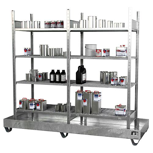 Kleingebinderegal BAUER S 3023-4E, Grund- und Anbauregal, B 2400 x T 800 x H 2000 mm, 4 Gitterrostb?den + 1 Auffangwanne