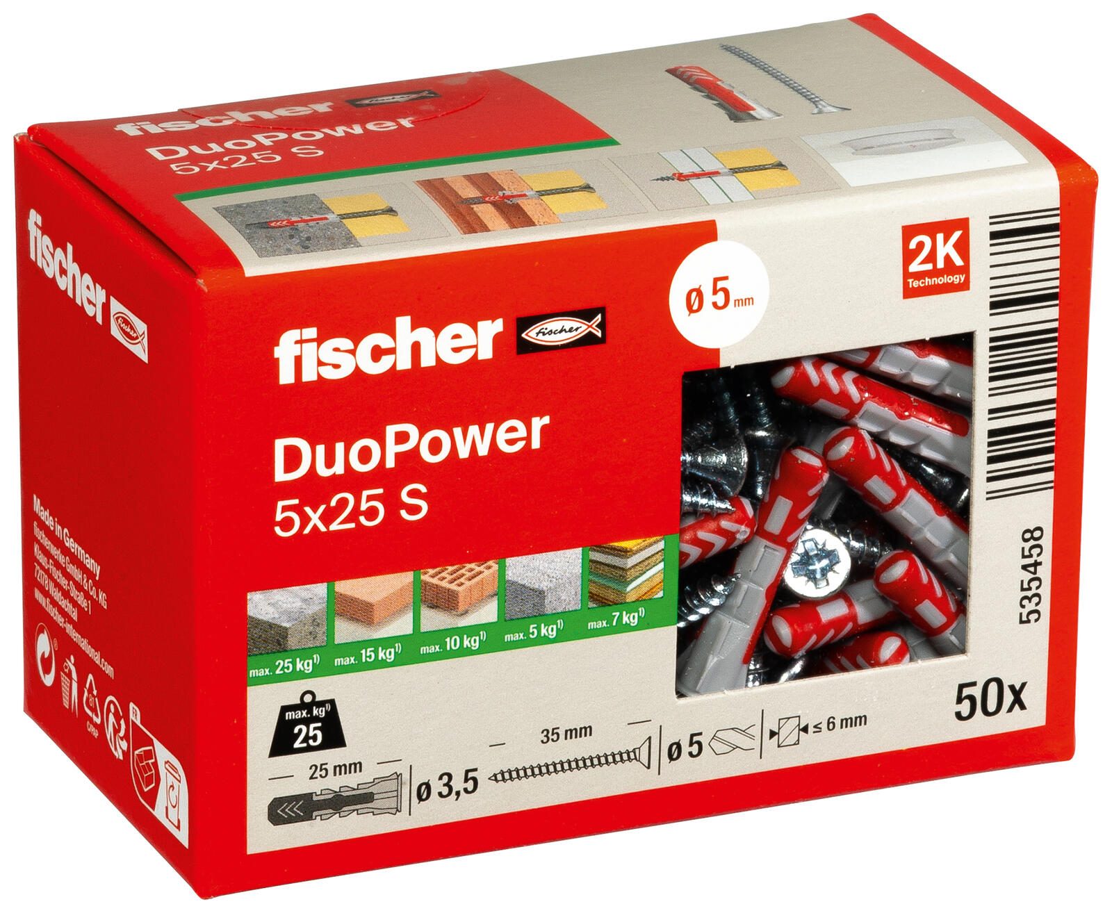fischer DuoPower 5×25 S Dübel mit Schrauben 5 x 25 mm, 50 Stück