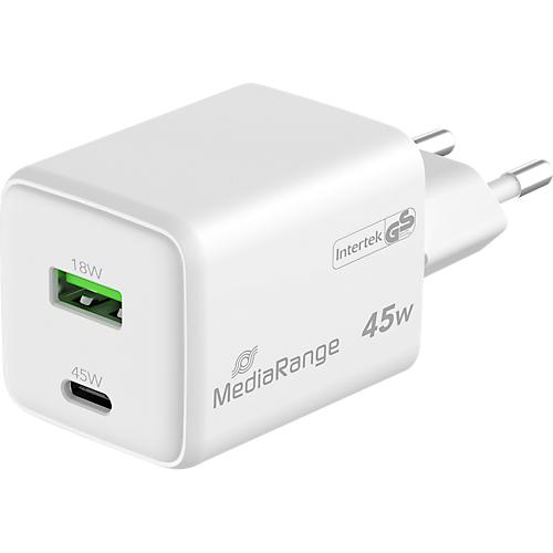 MediaRange Quick Charge Schnellladeadapter MRMA113-2, 45 W, Eurostecker, 1 x USB-C und 1 x USB-A, wei?