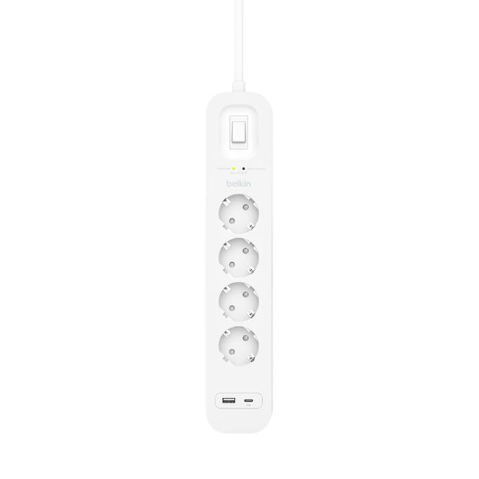 Belkin Connect Überspannungsschutz mit vier Steckdosen, USB-C- und USB-A-Anschluss, weiß