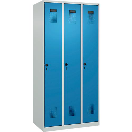 Kleiderspind C+P Evolo Plus, 3 Abteile, Anschlag rechts, Sicherheits-Drehriegel, B 900 x T 500 x H 1850 mm, lichtgrau/lichtblau