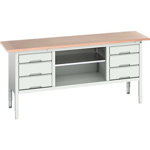 Kastenwerkbank Bott verso, mit Multiplex-Platte, 6 Schubladen & 1 Ablageboden, B?2000 x T 600 x H 830 – 930 mm, RAL 7035 Lichtgrau