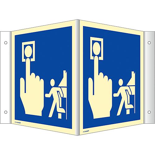 moedel Winkelschild Hausalarm (Brandmelder-Evakuierung), nach ISO 7010 F005, Aluminium, langnachleuchtend, B 200 x H 200 mm