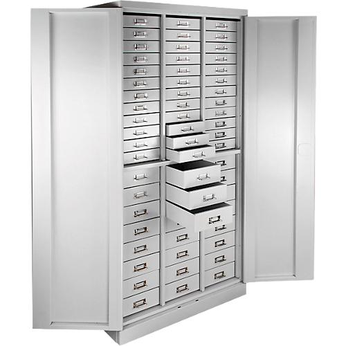 ADB Schubladenschrank, 60 Schubladen, Zylinderschloss, 2-Punkt-Verriegelung, B 800 x T 410 x H 1790 mm, lichtgrau RAL 7035