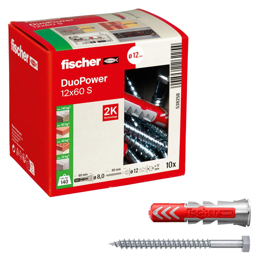 fischer DuoPower 12×60 S Dübel mit Schrauben 12 x 60 mm, 10 Stück