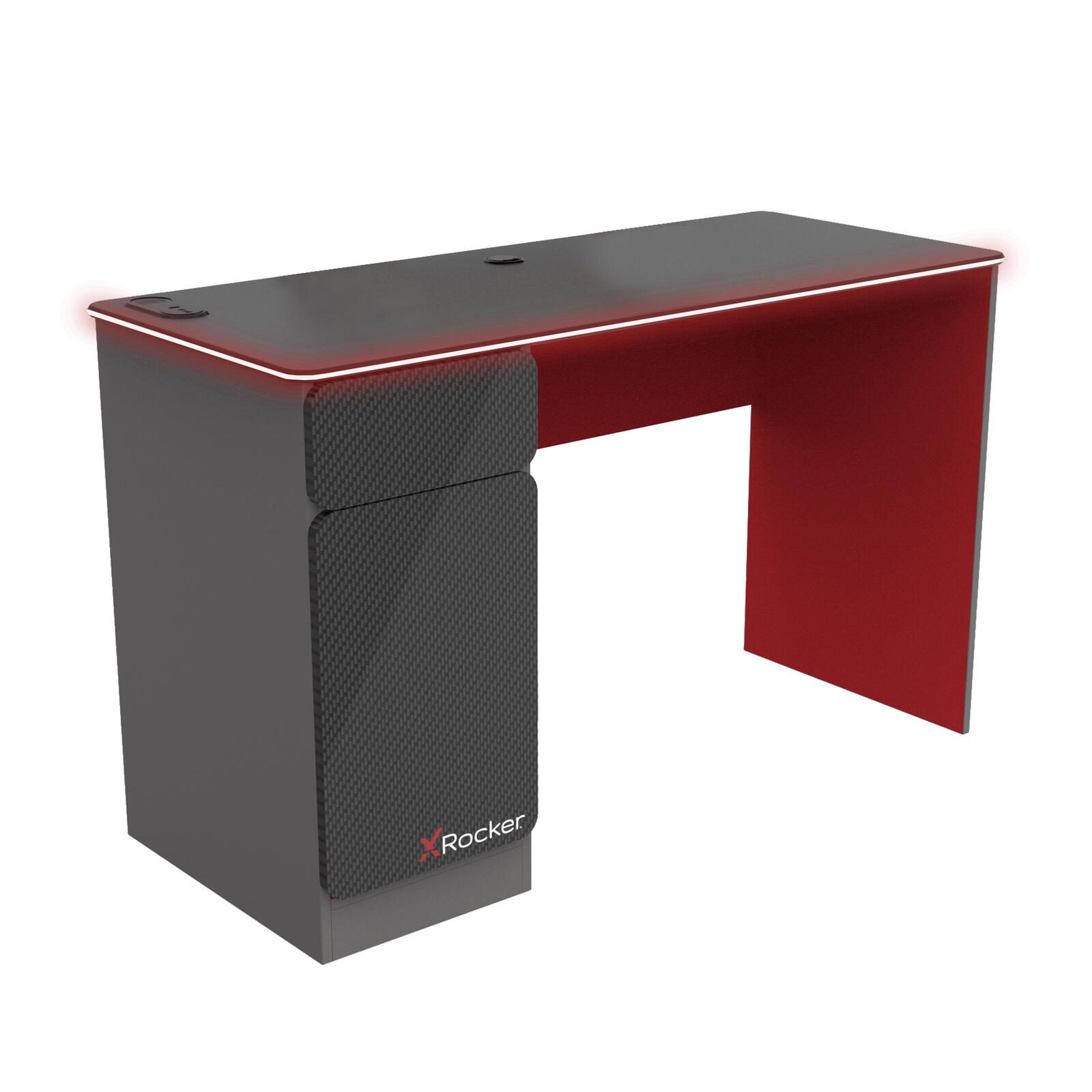 X Rocker Carbon-Tek Gaming Schreibtisch mit LED-Beleuchtung & Wireless Charging Ladepad – grau/rot