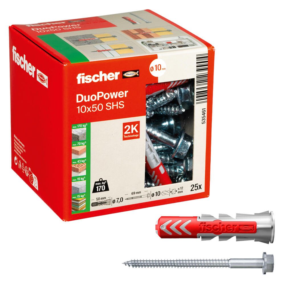 fischer DuoPower 10×50 S Dübel mit Schrauben 10 x 50 mm, 25 Stück