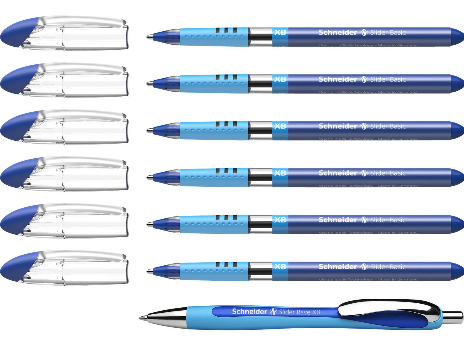 Schneider Kugelschreiber Slider Basic blau, 6 St. + GRATIS Slider Kugelschreiber Rave XB, blau