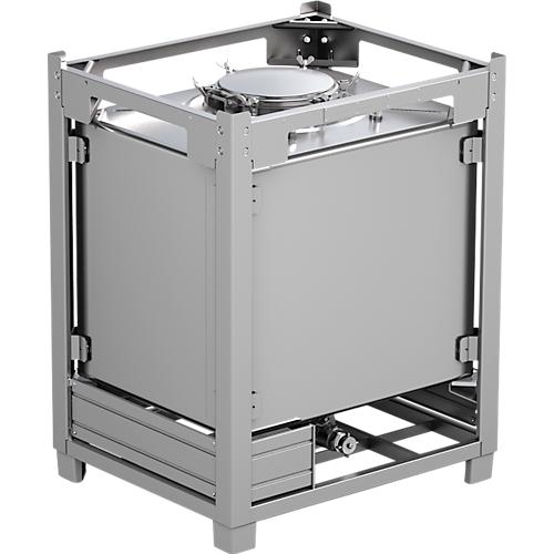 IBC-Container SCH?FER BTA NBR, 1000 l, UN-Zulassung, Sicherheitsventil, stapelbar, auf Transportgestell, Edelstahl 1.4301 (V2A), B 1015 x T 1215 x H 1550 mm