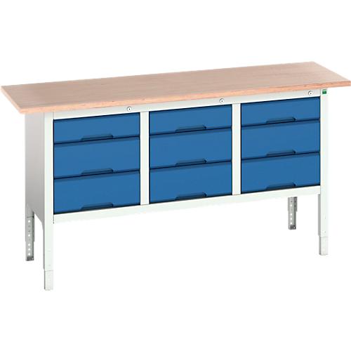 Kastenwerkbank Boot verso, mit Multiplex-Platte, 9 Schubladen, B?1750 x T 600 x H 830 – 930 mm, RAL 7035 Lichtgrau / RAL 5010 Enzianblau