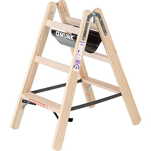 Munk? Holz-Stufen-Stehleiter, Nadelschnittholz/Buche, 80 mm geriffelt, Hufeisenscharniere, 150 kg, Eimerhaken, Textilgurt-Spreizsicherung, 6 Stufen