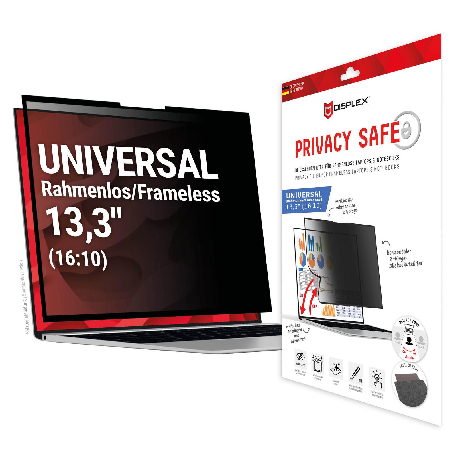 DISPLEX PRIVACY SAFE Wiederablösbarer 2-Wege Blickschutzfilter für Laptop/ Notebook (randlos/frameless) 13,3“ (16:10)