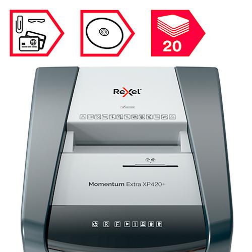 Rexel Momentum Extra XP420+ Aktenvernichter, mobil, P4, Partikelschnitt 4 x 35 mm, 60 l, 20 Blatt Schnittleistung, schwarz