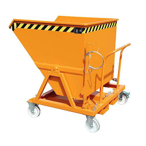 Sp?ne-Kippmulde Bauer SKS 700, Stahl, orange, B 1345 x T 1200 x H 1275 mm, 700 l, bis 1000 kg, Rollen, Ablasshahn, Manuelle Kippvorrichtung