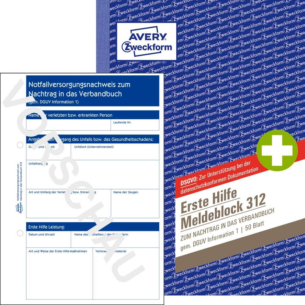 AVERY Zweckform Erste Hilfe Meldeblock Formularbuch 312 – 1 x 50 Blatt
