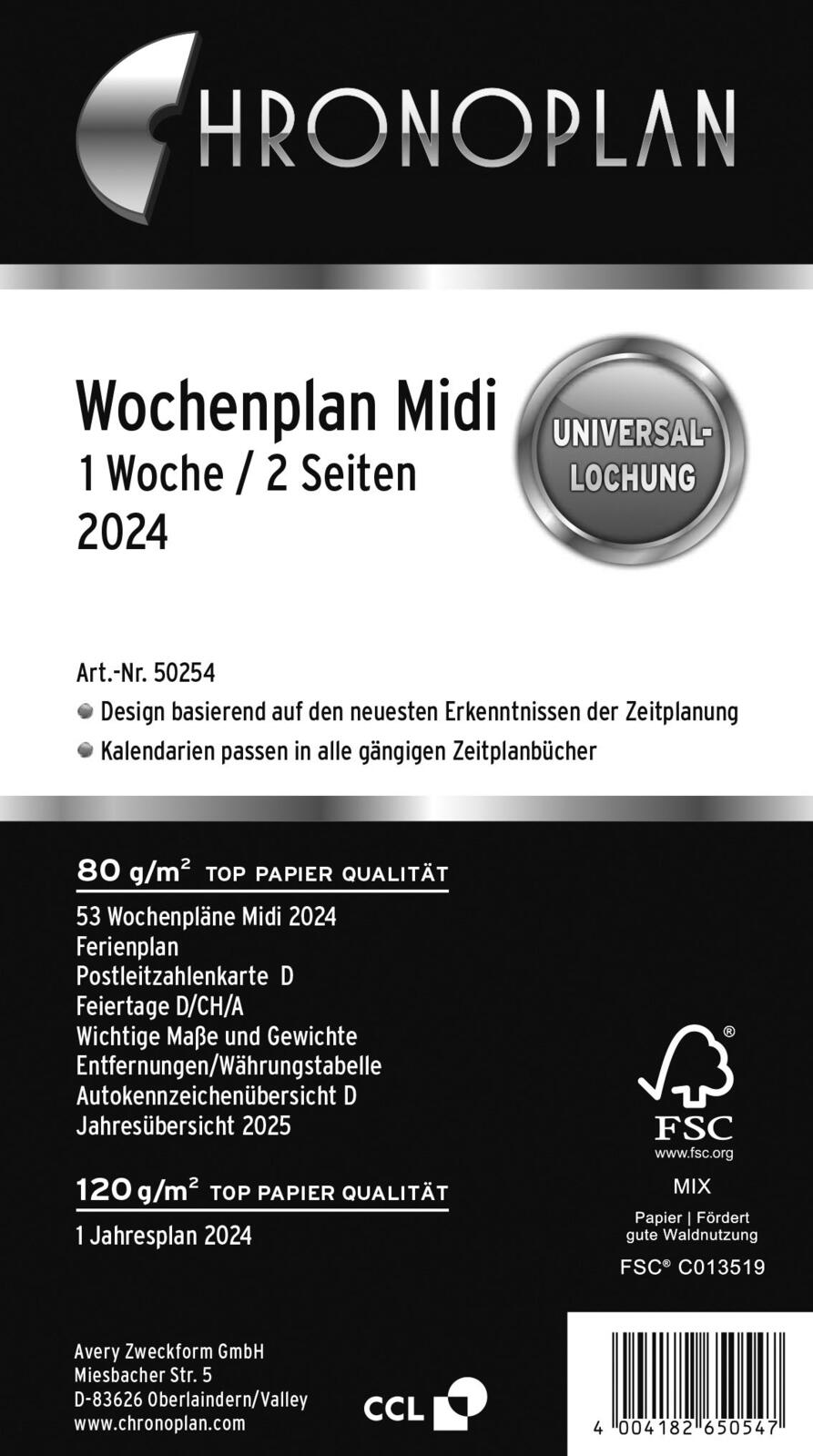 CHRONOPLAN Kalendereinlage 2024 Midi 1 Woche/2 Seiten