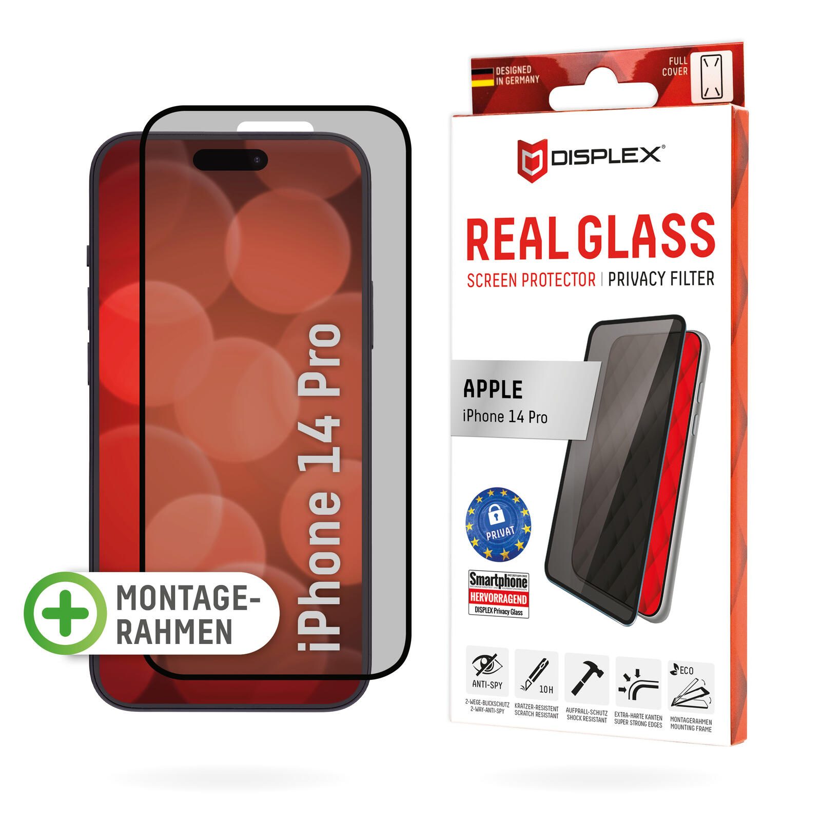 DISPLEX Privacy Panzerglas (10H) für Apple iPhone 14 Pro, Eco-Montagerahmen, Privacy Filter