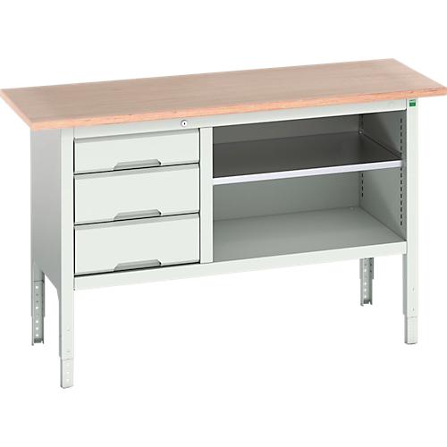Kastenwerkbank Bott verso, Multiplex-Platte, 3 Schubladen & 1 Ablageboden, B?1500 x T 600 x H 830 – 930 mm, RAL 7035 Lichtgrau