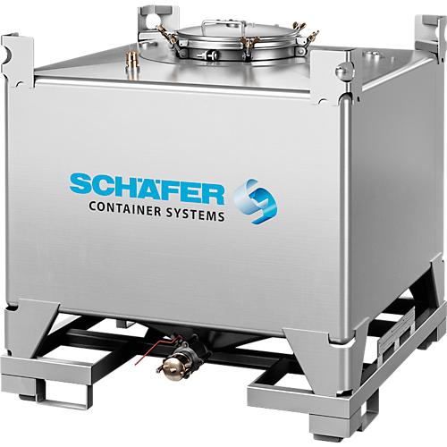 IBC-Container SCH?FER Cube BTU PTFE, 1000 l, UN-Zulassung, Sicherheitsventil, stapelbar, auf Palette, Edelstahl 1.4404 (V4A), B 1150 x T 1150 x H 1160 mm
