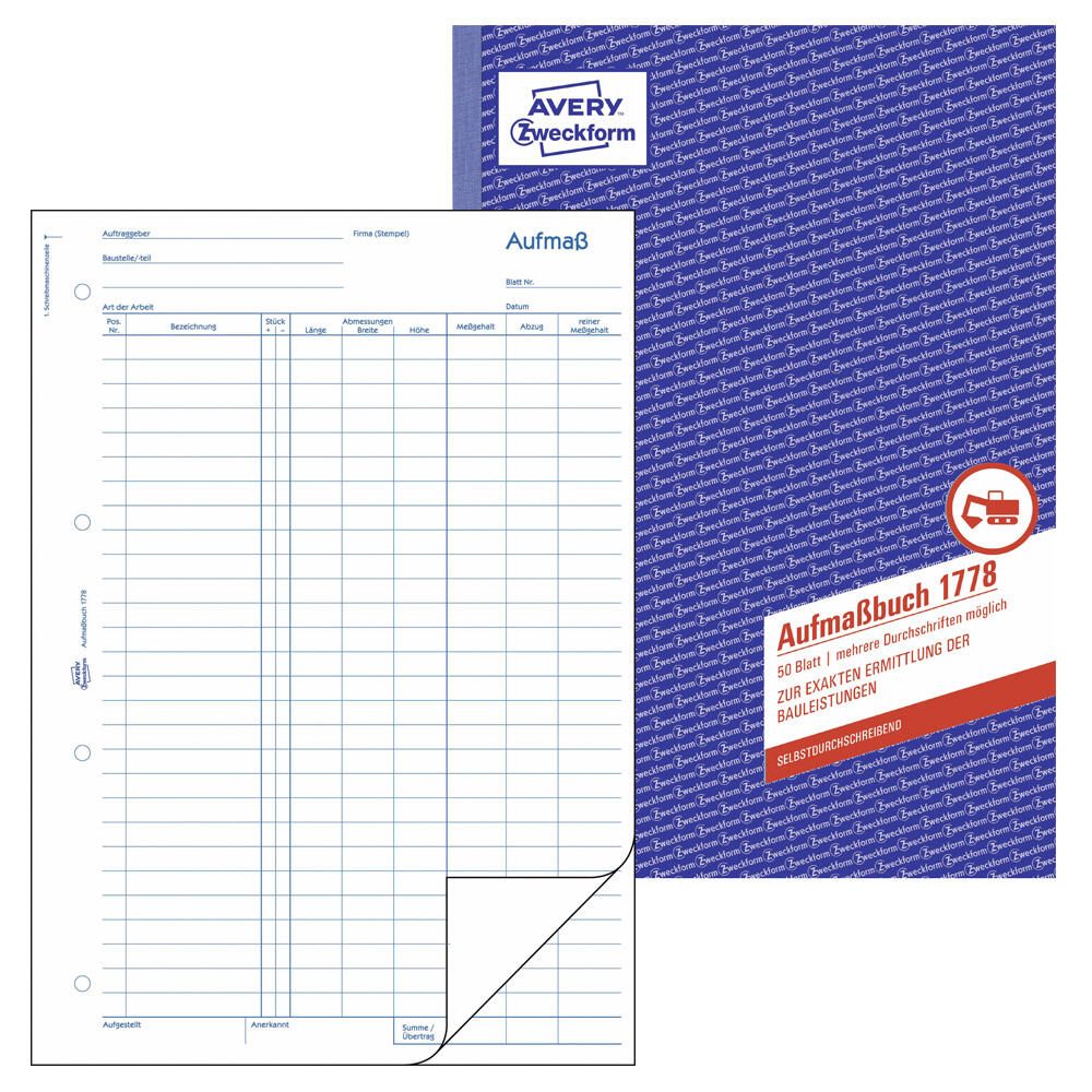 AVERY Zweckform Formularbuch Aufmaßbuch DIN A4 1x 50 Seiten