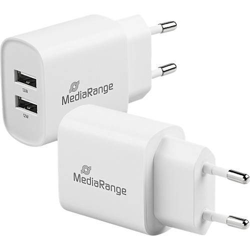 MediaRange 12W Schnellladeadapter, Eurostecker, 2x USB-A, wei?
