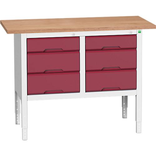 Kastenwerkbank Bott verso, Multiplex-Platte, 6 Schubladen, B?1250 x T 600 x H 830 – 930 mm, RAL 7035 Lichtgrau / Purpurrot