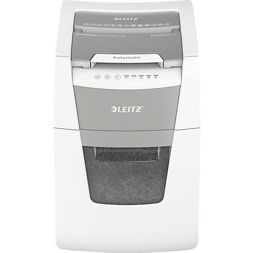 Leitz IQ Autofeed Small Office 100 Aktenvernichter P4, Vollautomatik, Partikelschnitt 4 x 30 mm, 34 l, 100 Blatt Schnittleistung, wei?