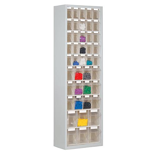Magazinschrank, Volumen 333 l, 43 herausnehmbare Klappk?sten mit Griffmulde, B 665 x T 250 x H 2000 mm, lichtgrau/transparent