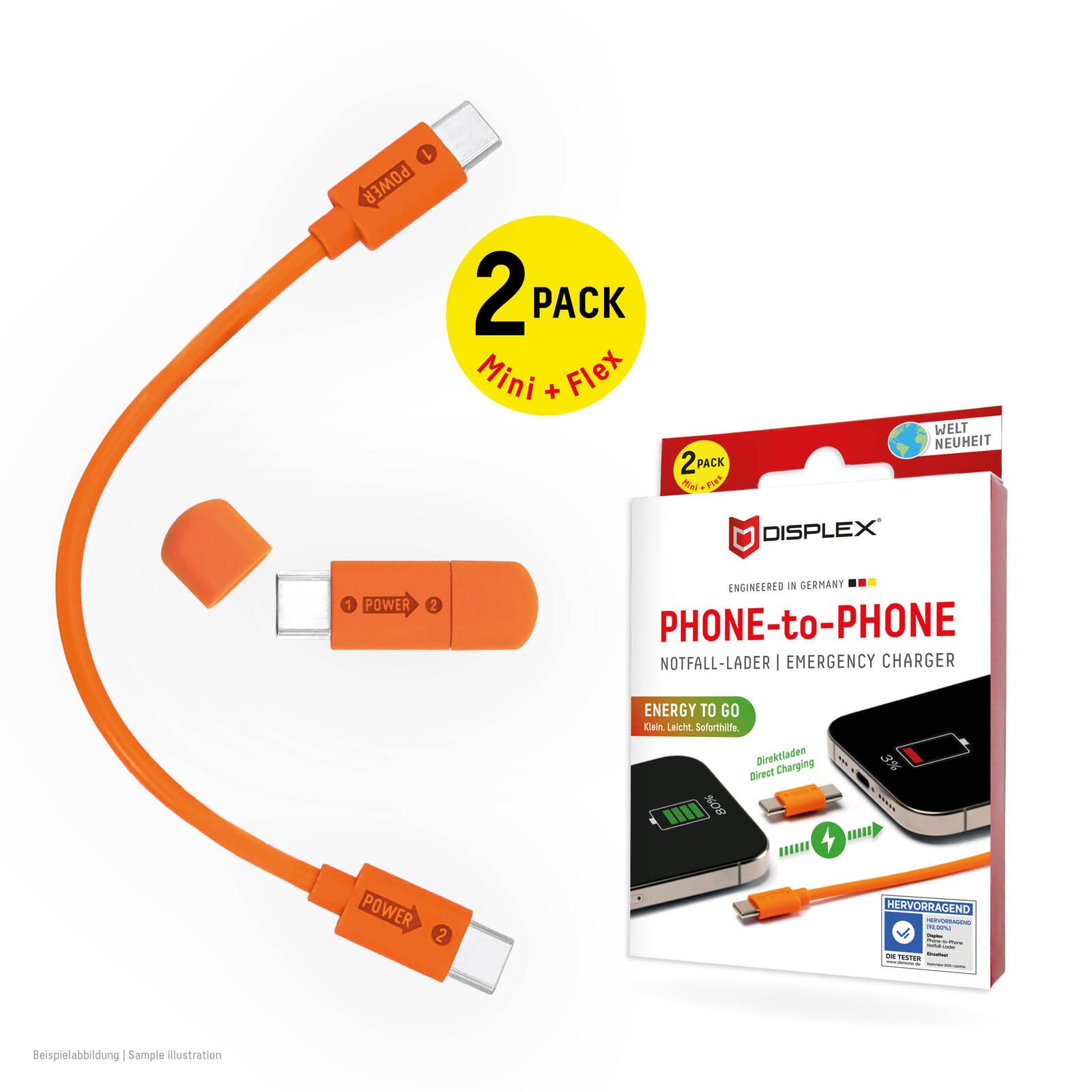 DISPLEX Phone-to-Phone Notfall-Lader, USB-C, 2er Set