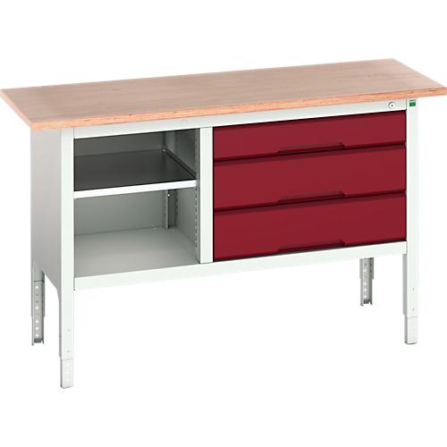 Kastenwerkbank Bott verso, Multiplex-Platte, 3 Schubladen & 1 Ablageboden, B?1500 x T 600 x H 830 – 930 mm, RAL 7035 Lichtgrau / Purpurrot