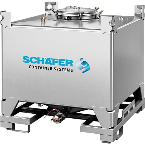 IBC-Container SCH?FER Cube BTU NBR, 1000 l, UN-Zulassung, Sicherheitsventil, stapelbar, auf Palette, Edelstahl 1.4301 (V2A), B 1150 x T 1150 x H 1160 mm