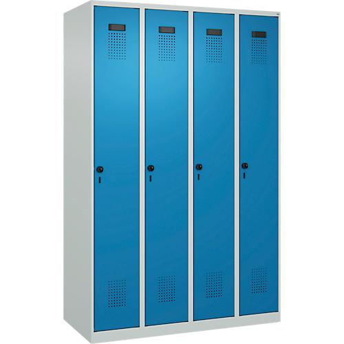 Kleiderspind C+P Evolo Plus, 4 Abteile, Anschlag rechts, Sicherheits-Drehriegel, B 1200 x T 500 x H 1850 mm, lichtgrau/lichtblau