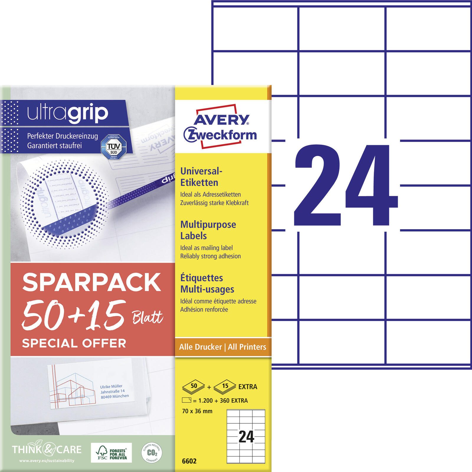 AVERY Zweckform Etiketten 6602 weiß 70,0 x 36,0 mm