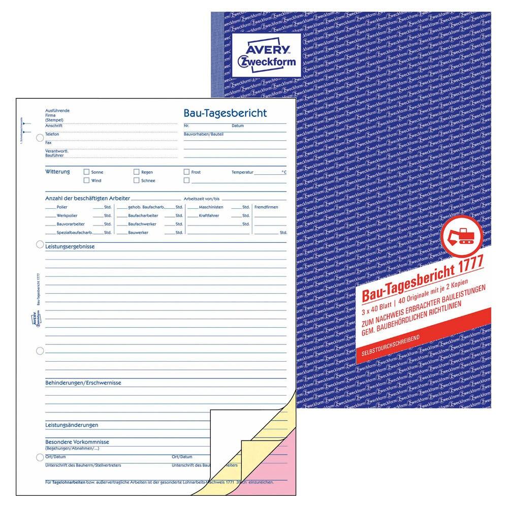 AVERY Zweckform 1777 Bautagebuch Formularbuch – 3 x 40 Blatt