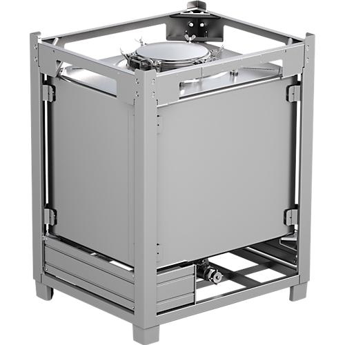 IBC-Container SCH?FER BTA PTFE, 1000 l, UN-Zulassung, Sicherheitsventil, stapelbar, auf Transportgestell, Edelstahl 1.4404 (V4A), B 1015 x T 1215 x H 1550 mm