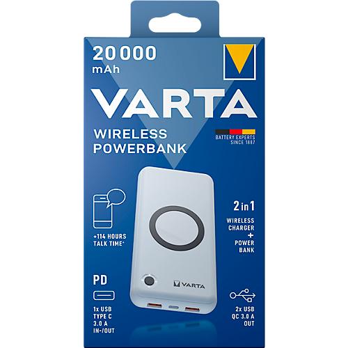 Wireless Powerbank Varta, 20000 mAh, 1x USB-C (In & Out), 2x USB-A (Out), Laden mit o. ohne Kabel, B 79 x T 24 x H 160 mm, wei?